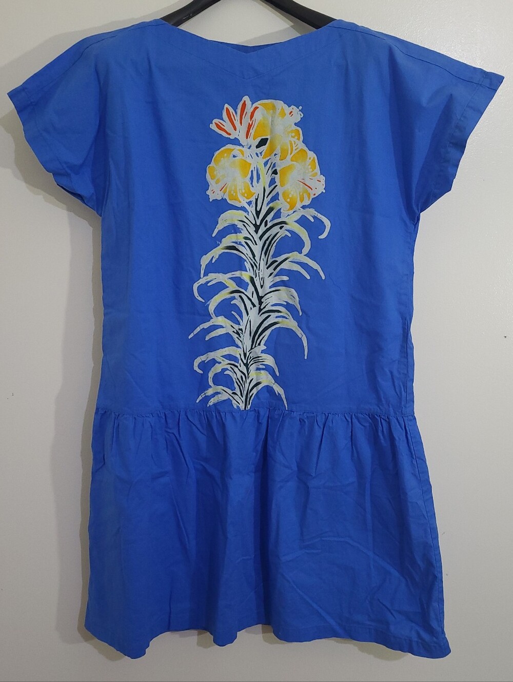 Vintage 100% Cotton Wax Batik Blue & Yellow Floral Drop Waist Shift Dress